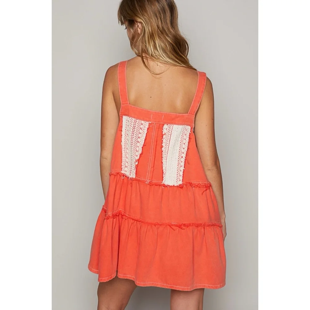 POL Coral Red Denim & Crochet Patch Tiered Skirtall Mini Dress - Picture 5 of 8